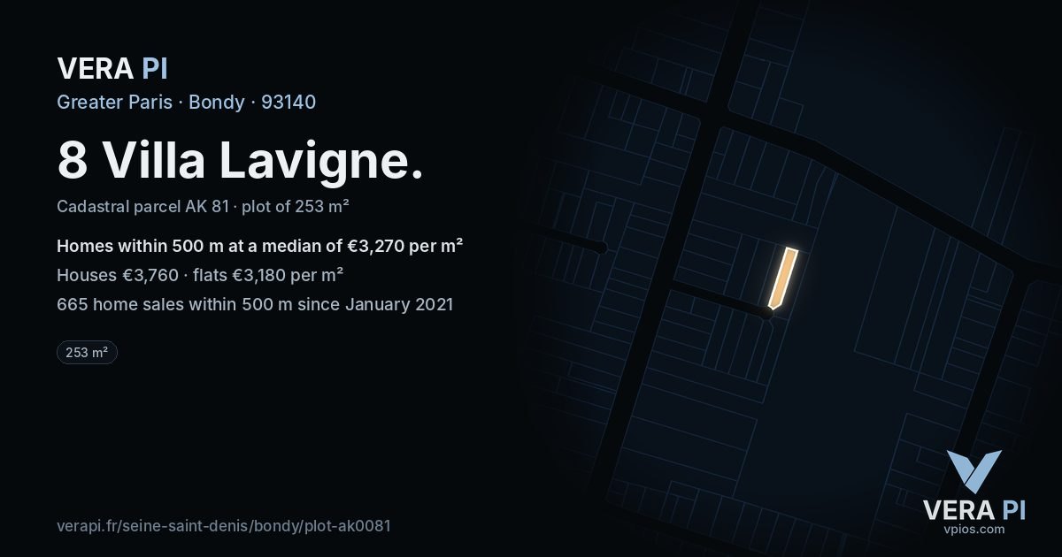 8 Villa Lavigne, Bondy at night – the plot lit, the parcels around coloured by the prices near them