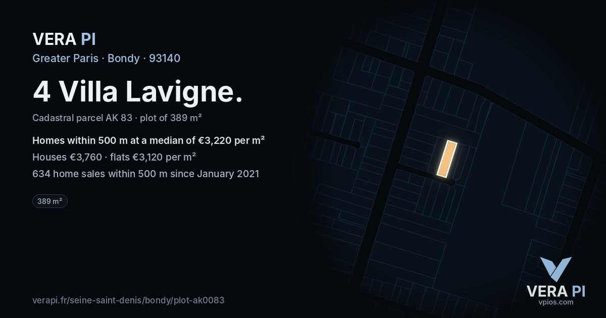 4 Villa Lavigne, Bondy at night – the plot lit, the parcels around coloured by the prices near them