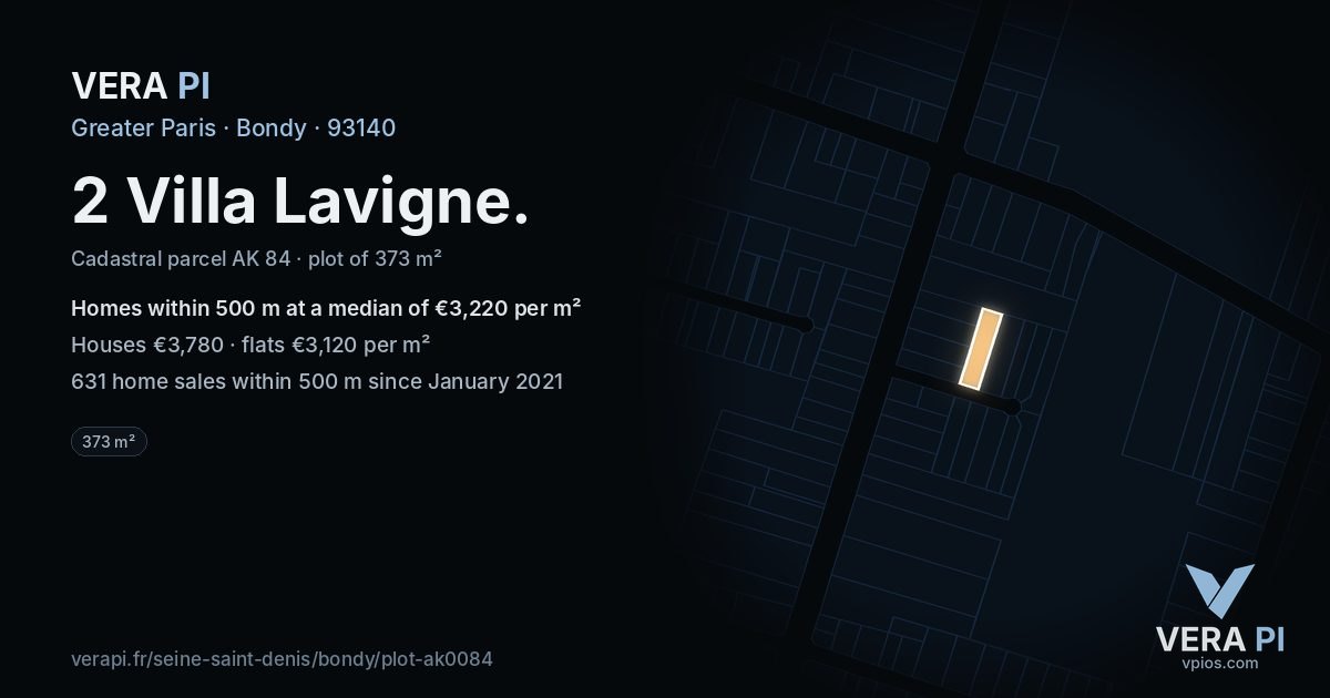 2 Villa Lavigne, Bondy at night – the plot lit, the parcels around coloured by the prices near them