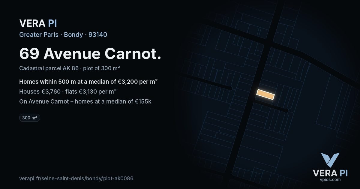 69 Avenue Carnot, Bondy at night – the plot lit, the parcels around coloured by the prices near them