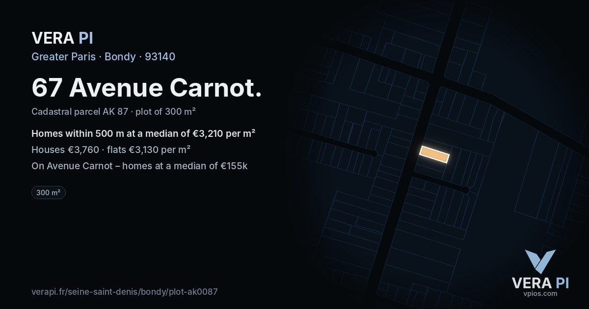 67 Avenue Carnot, Bondy at night – the plot lit, the parcels around coloured by the prices near them