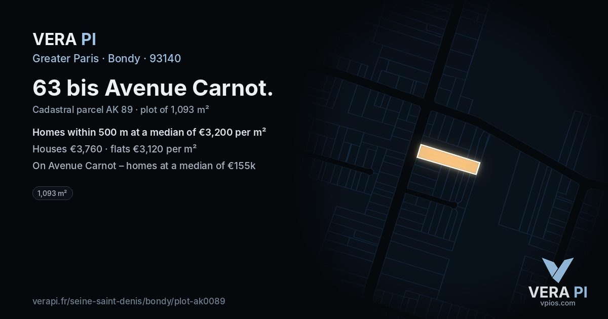 63 bis Avenue Carnot, Bondy at night – the plot lit, the parcels around coloured by the prices near them