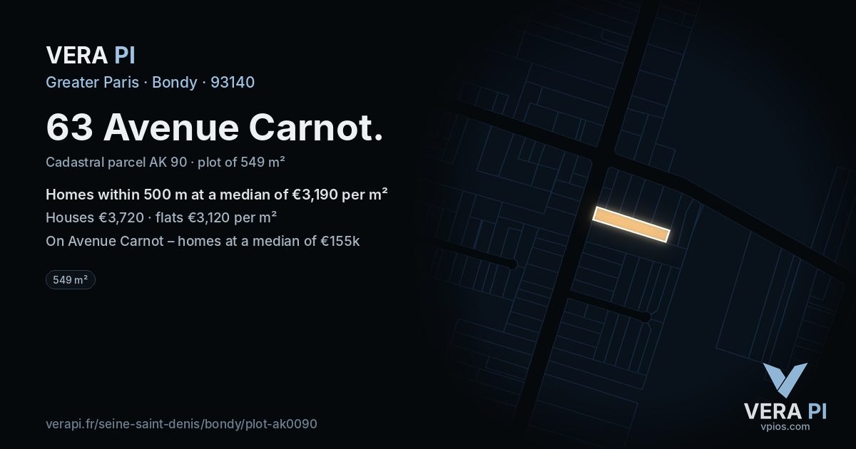 63 Avenue Carnot, Bondy at night – the plot lit, the parcels around coloured by the prices near them