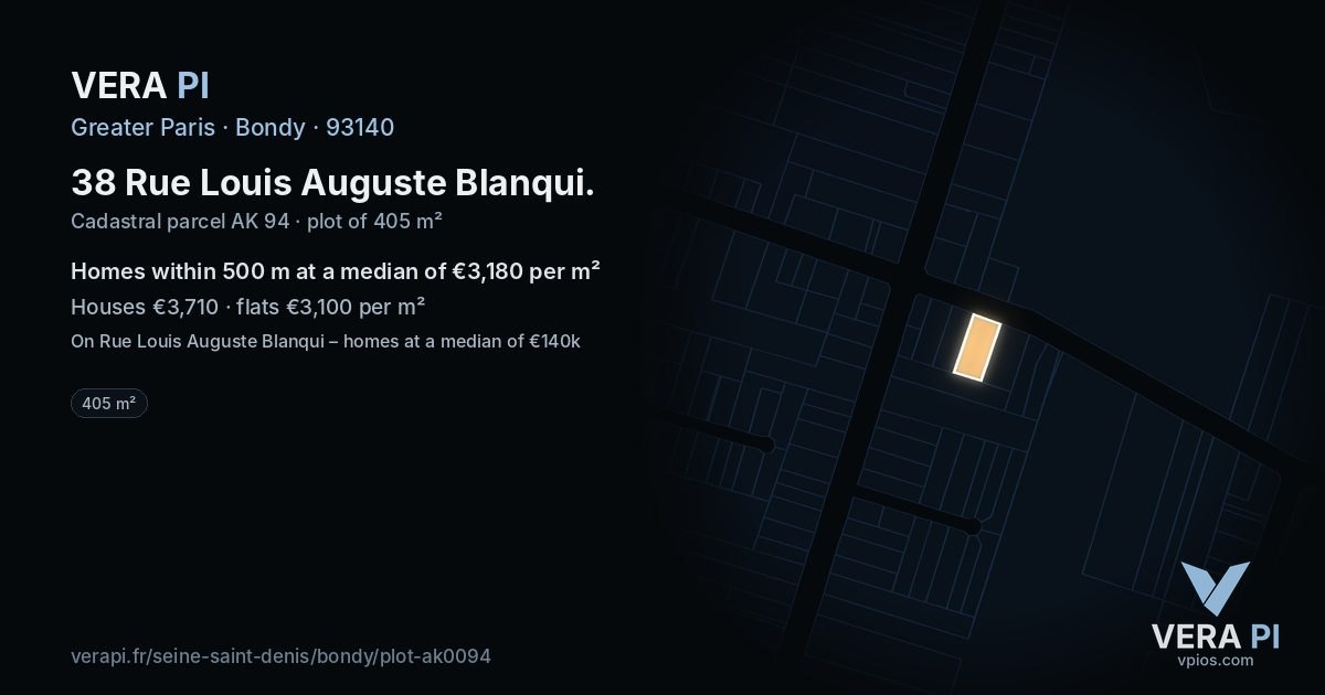 38 Rue Louis Auguste Blanqui, Bondy at night – the plot lit, the parcels around coloured by the prices near them