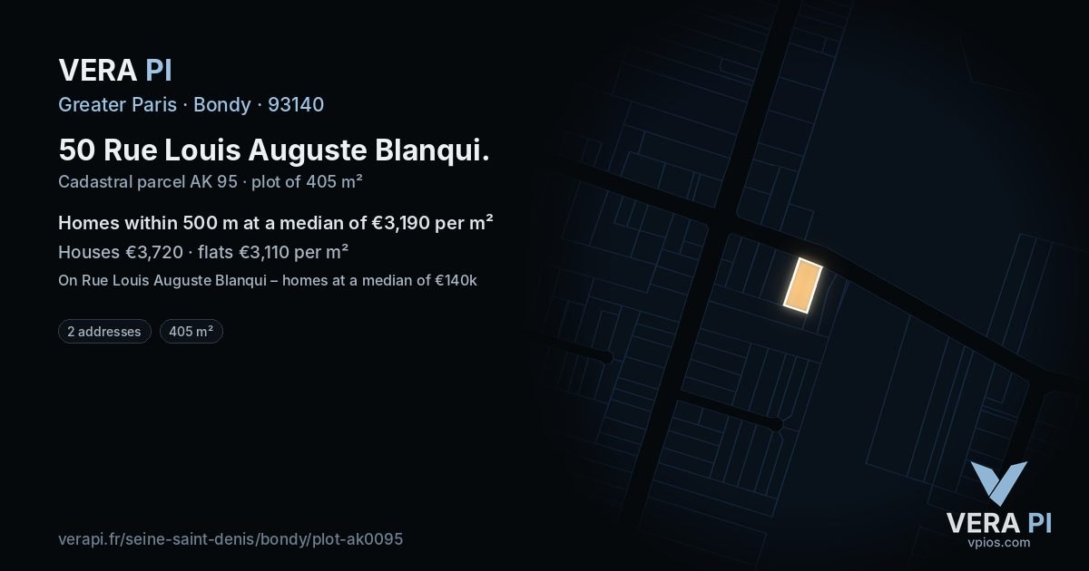 50 Rue Louis Auguste Blanqui, Bondy at night – the plot lit, the parcels around coloured by the prices near them