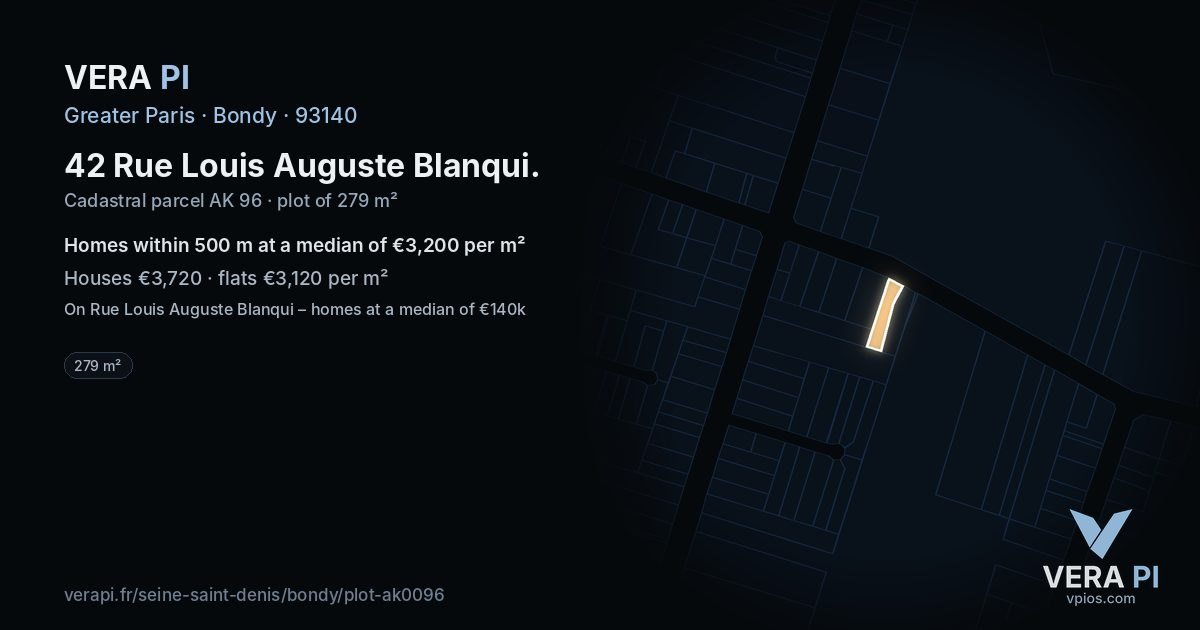 42 Rue Louis Auguste Blanqui, Bondy at night – the plot lit, the parcels around coloured by the prices near them