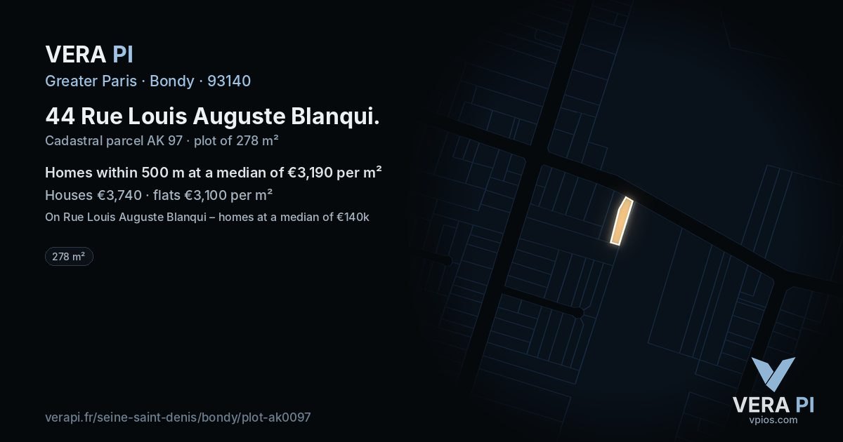 44 Rue Louis Auguste Blanqui, Bondy at night – the plot lit, the parcels around coloured by the prices near them