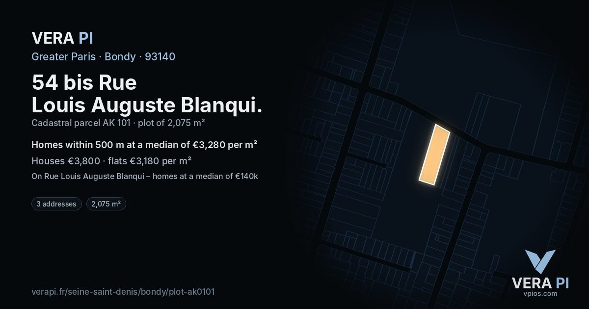54 bis Rue Louis Auguste Blanqui, Bondy at night – the plot lit, the parcels around coloured by the prices near them
