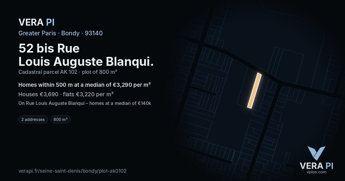 52 bis Rue Louis Auguste Blanqui, Bondy at night – the plot lit, the parcels around coloured by the prices near them