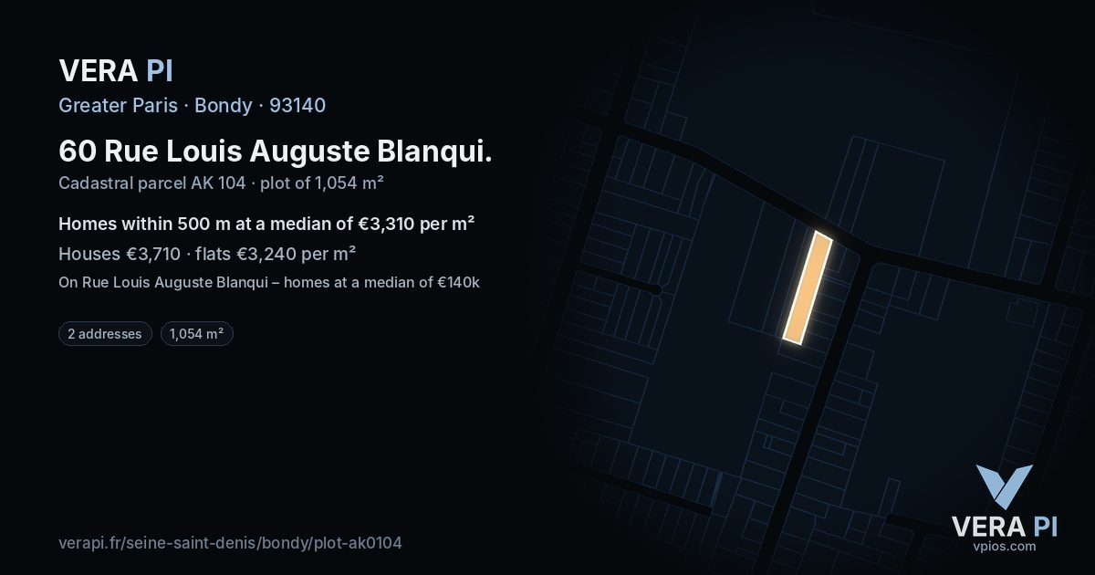 60 Rue Louis Auguste Blanqui, Bondy at night – the plot lit, the parcels around coloured by the prices near them