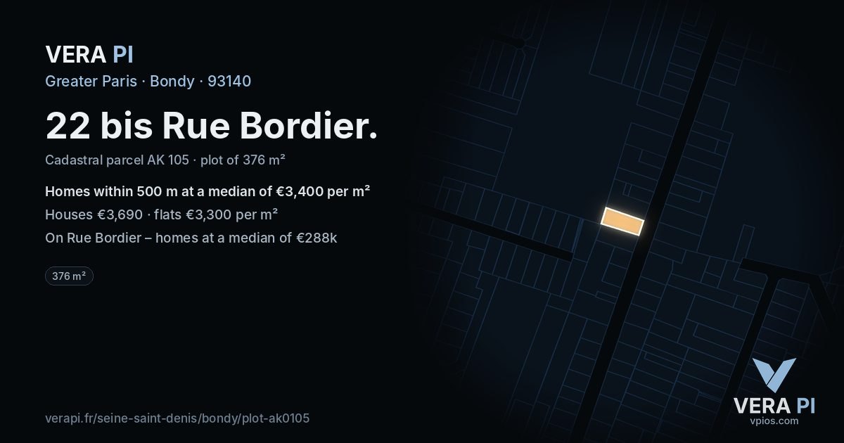 22 bis Rue Bordier, Bondy at night – the plot lit, the parcels around coloured by the prices near them