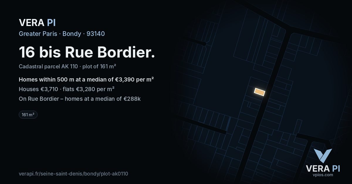 16 bis Rue Bordier, Bondy at night – the plot lit, the parcels around coloured by the prices near them
