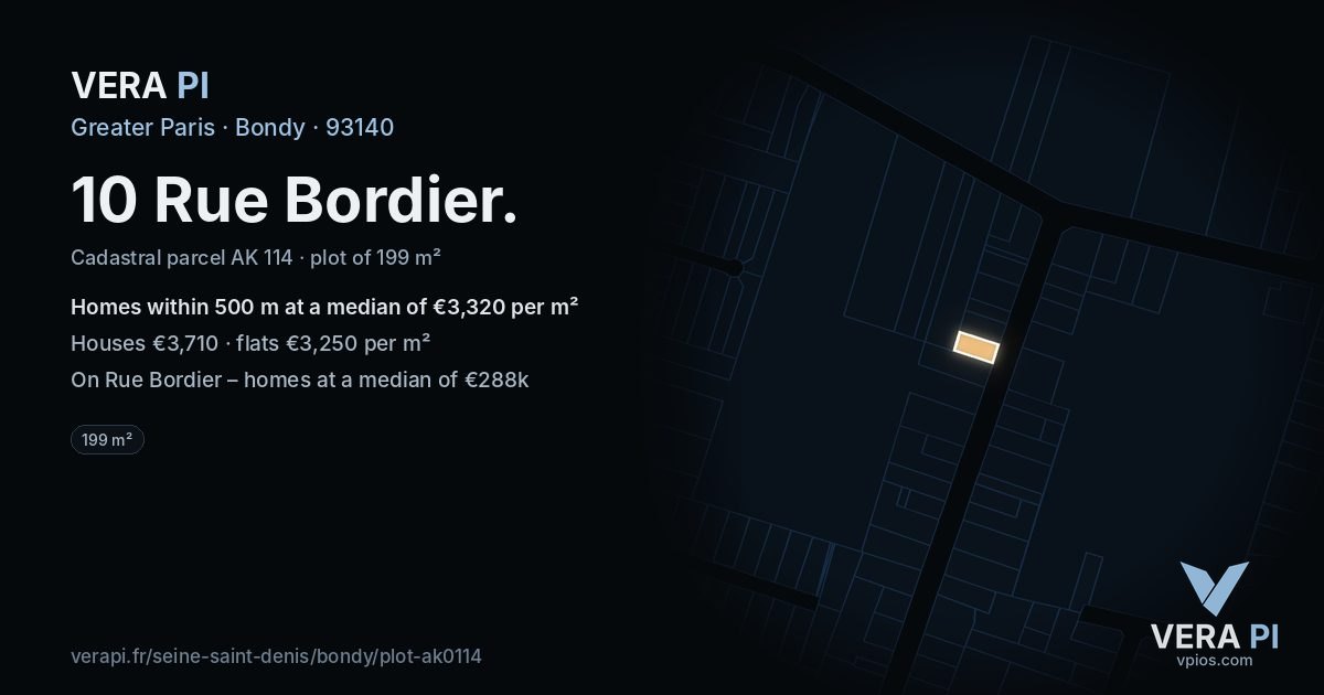 10 Rue Bordier, Bondy at night – the plot lit, the parcels around coloured by the prices near them