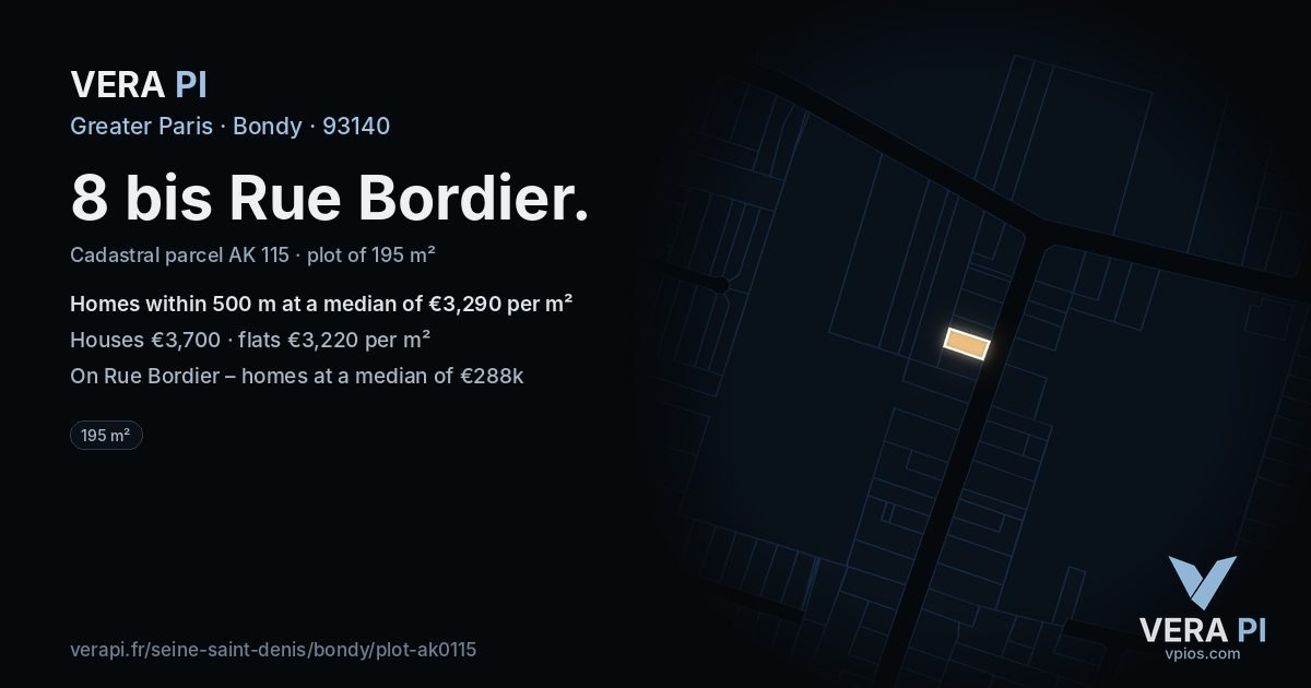 8 bis Rue Bordier, Bondy at night – the plot lit, the parcels around coloured by the prices near them