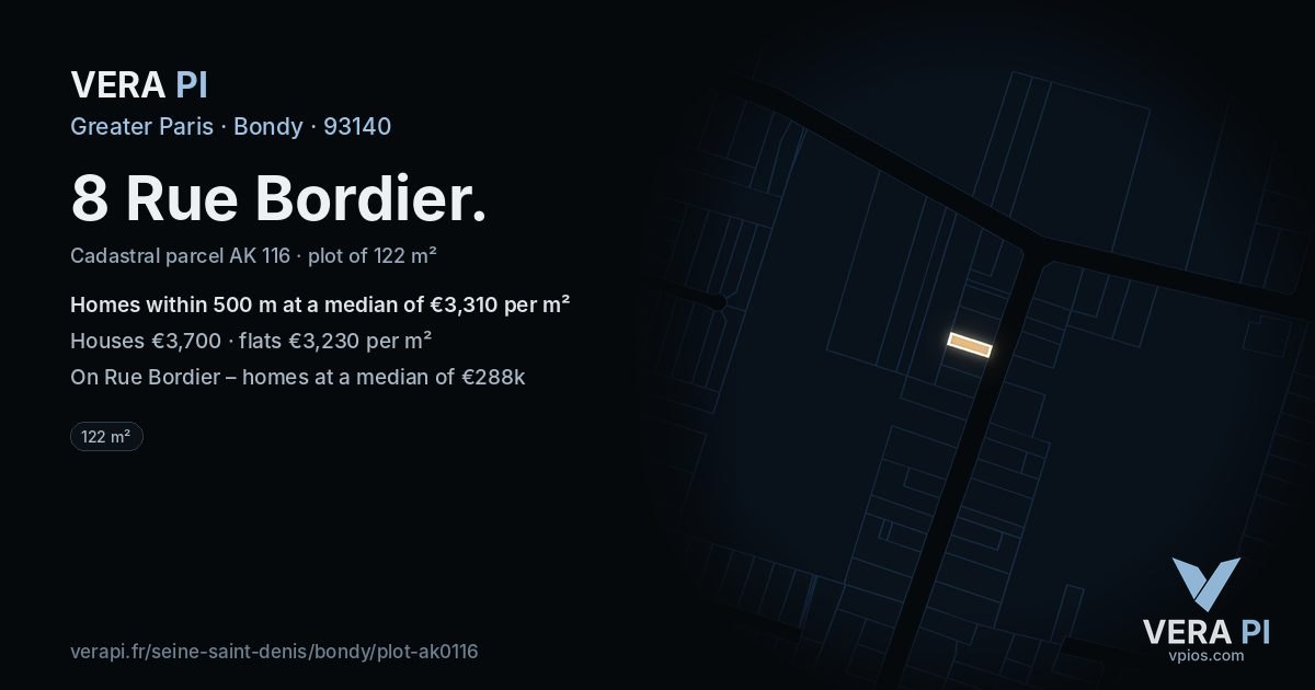 8 Rue Bordier, Bondy at night – the plot lit, the parcels around coloured by the prices near them