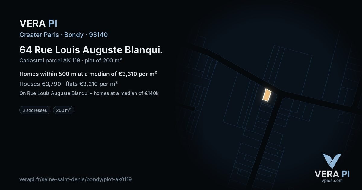 64 Rue Louis Auguste Blanqui, Bondy at night – the plot lit, the parcels around coloured by the prices near them
