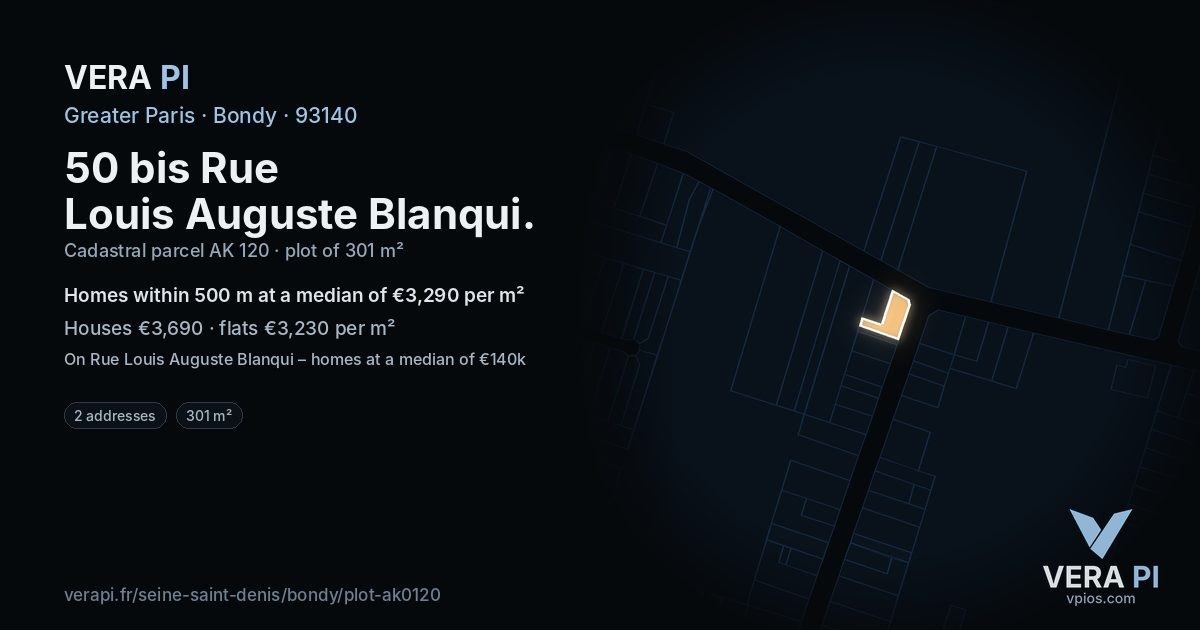 50 bis Rue Louis Auguste Blanqui, Bondy at night – the plot lit, the parcels around coloured by the prices near them