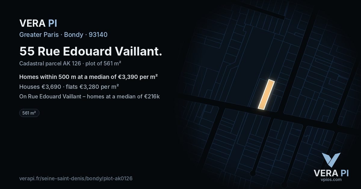 55 Rue Edouard Vaillant, Bondy at night – the plot lit, the parcels around coloured by the prices near them