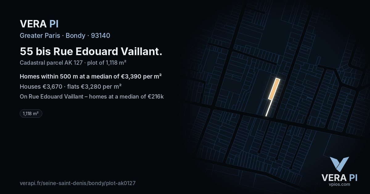 55 bis Rue Edouard Vaillant, Bondy at night – the plot lit, the parcels around coloured by the prices near them