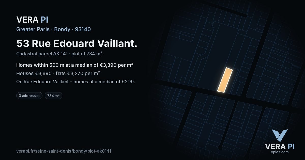 53 Rue Edouard Vaillant, Bondy at night – the plot lit, the parcels around coloured by the prices near them