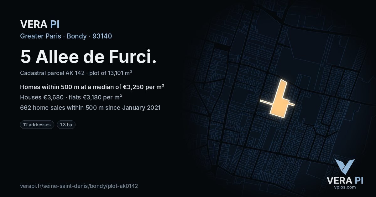 5 Allee de Furci, Bondy at night – the plot lit, the parcels around coloured by the prices near them