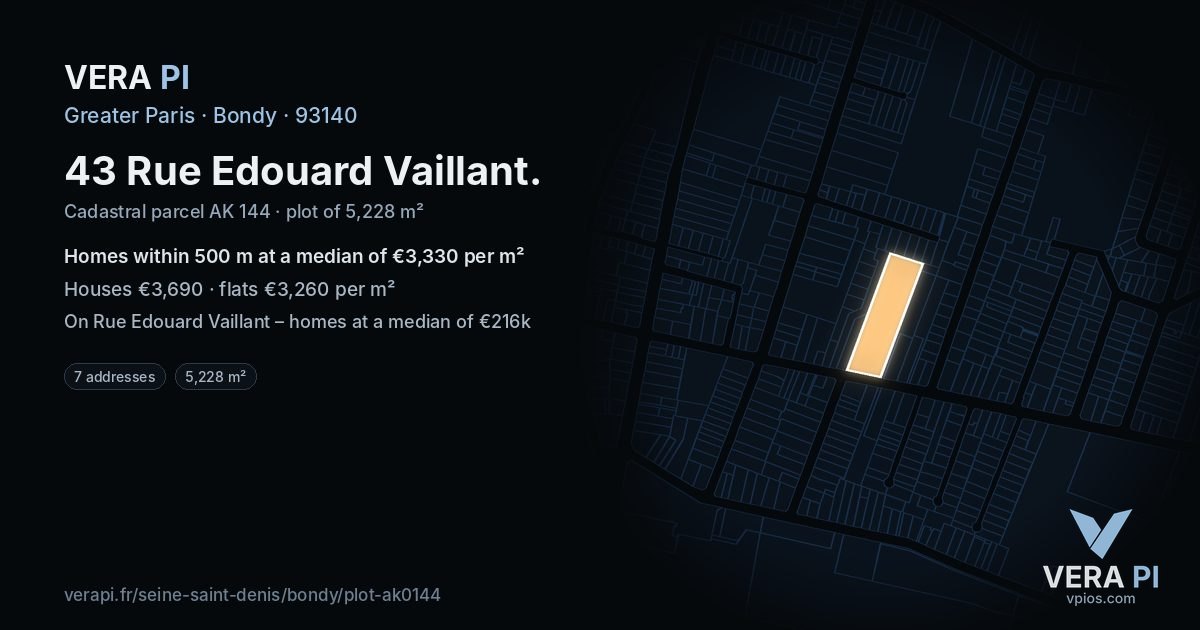 43 Rue Edouard Vaillant, Bondy at night – the plot lit, the parcels around coloured by the prices near them