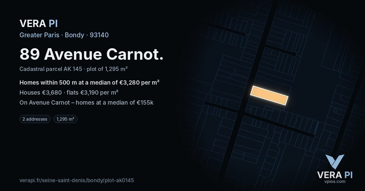 89 Avenue Carnot, Bondy at night – the plot lit, the parcels around coloured by the prices near them