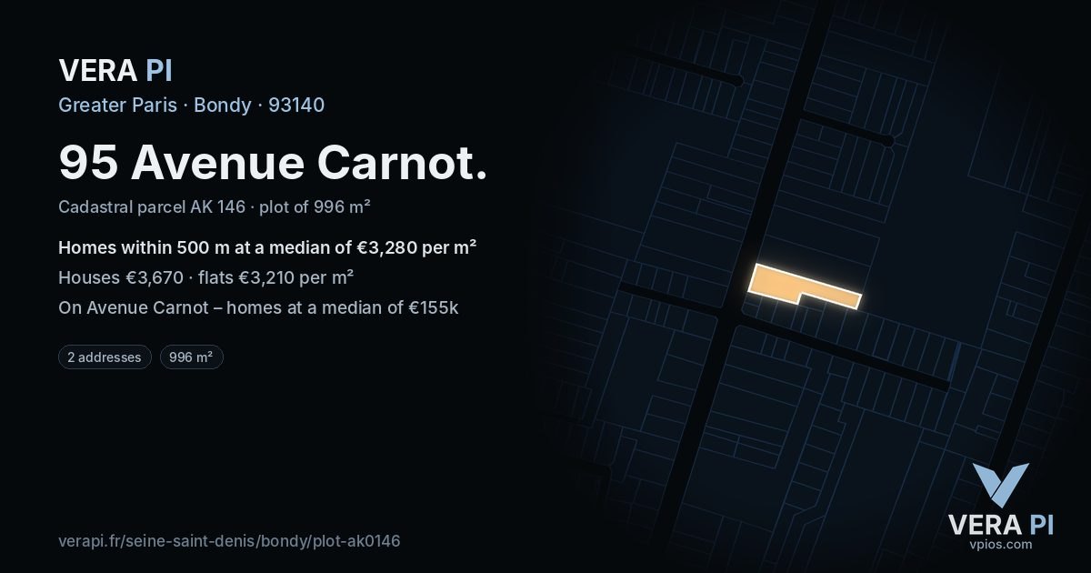 95 Avenue Carnot, Bondy at night – the plot lit, the parcels around coloured by the prices near them