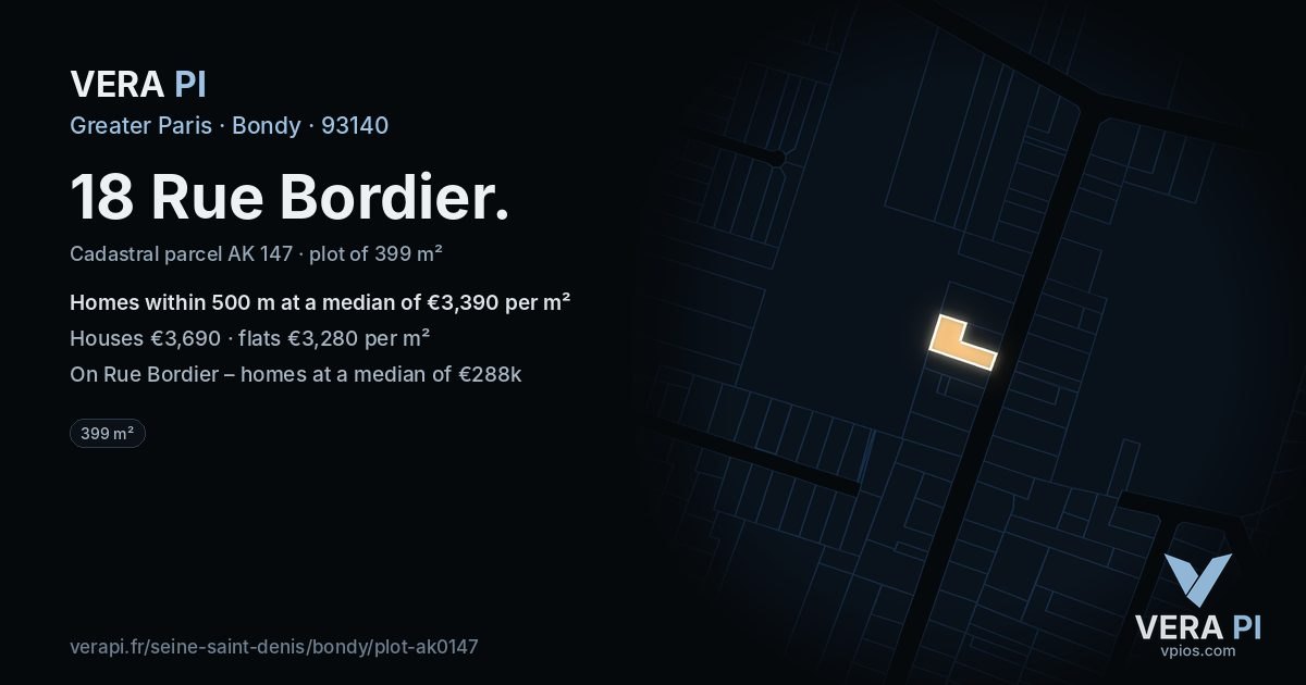 18 Rue Bordier, Bondy at night – the plot lit, the parcels around coloured by the prices near them