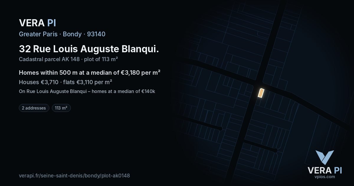 32 Rue Louis Auguste Blanqui, Bondy at night – the plot lit, the parcels around coloured by the prices near them