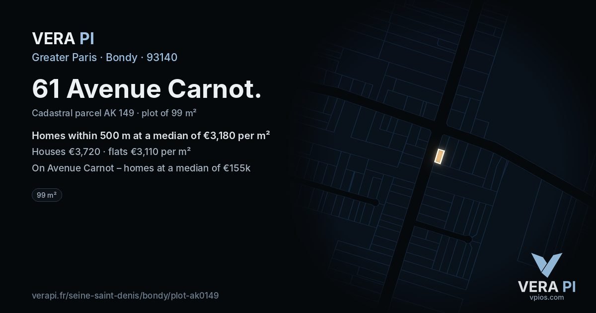 61 Avenue Carnot, Bondy at night – the plot lit, the parcels around coloured by the prices near them