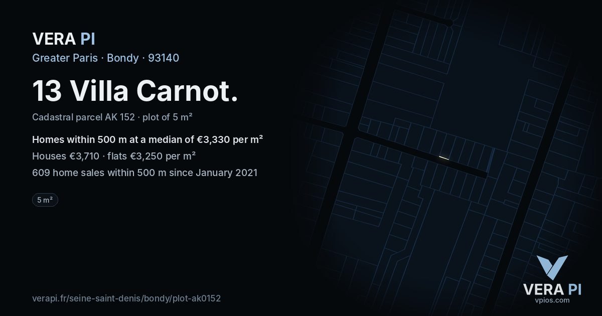 13 Villa Carnot, Bondy at night – the plot lit, the parcels around coloured by the prices near them