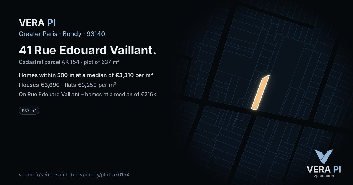 41 Rue Edouard Vaillant, Bondy at night – the plot lit, the parcels around coloured by the prices near them