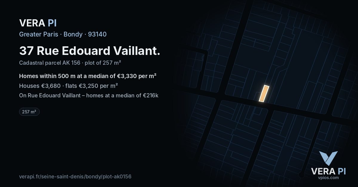 37 Rue Edouard Vaillant, Bondy at night – the plot lit, the parcels around coloured by the prices near them