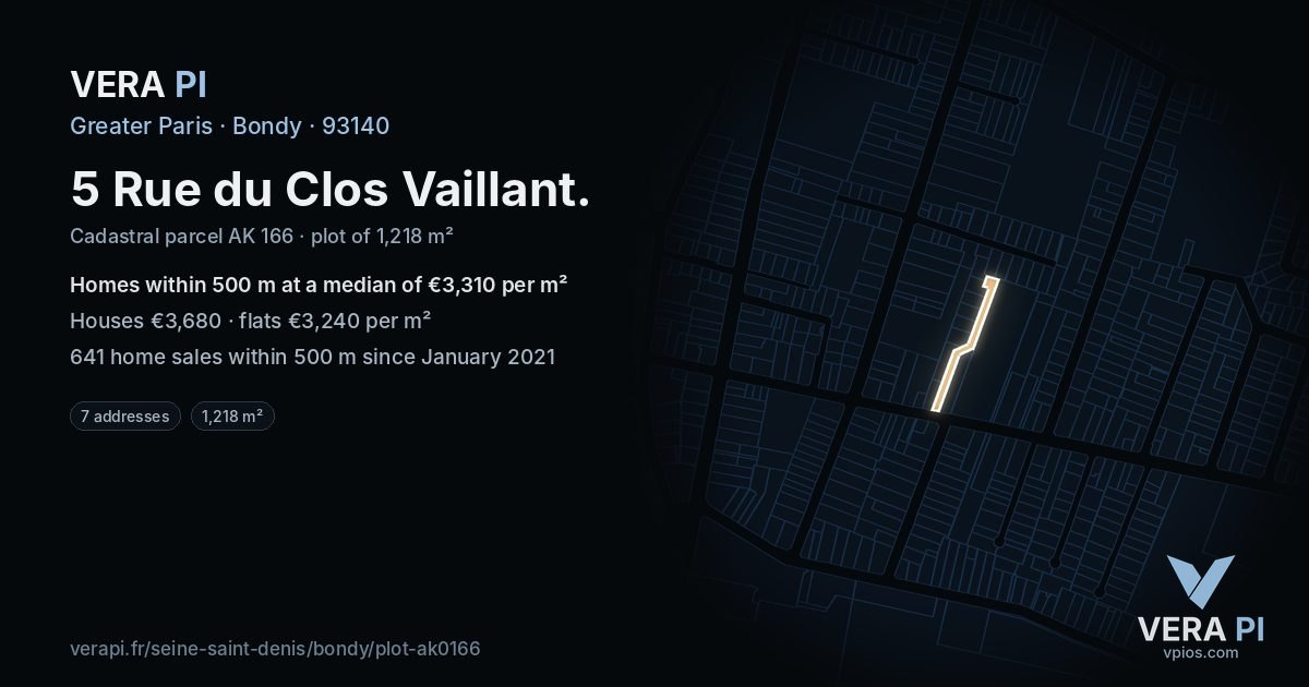 5 Rue du Clos Vaillant, Bondy at night – the plot lit, the parcels around coloured by the prices near them