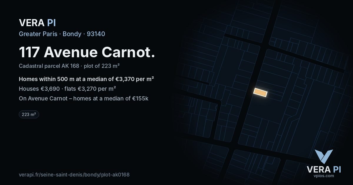 117 Avenue Carnot, Bondy at night – the plot lit, the parcels around coloured by the prices near them