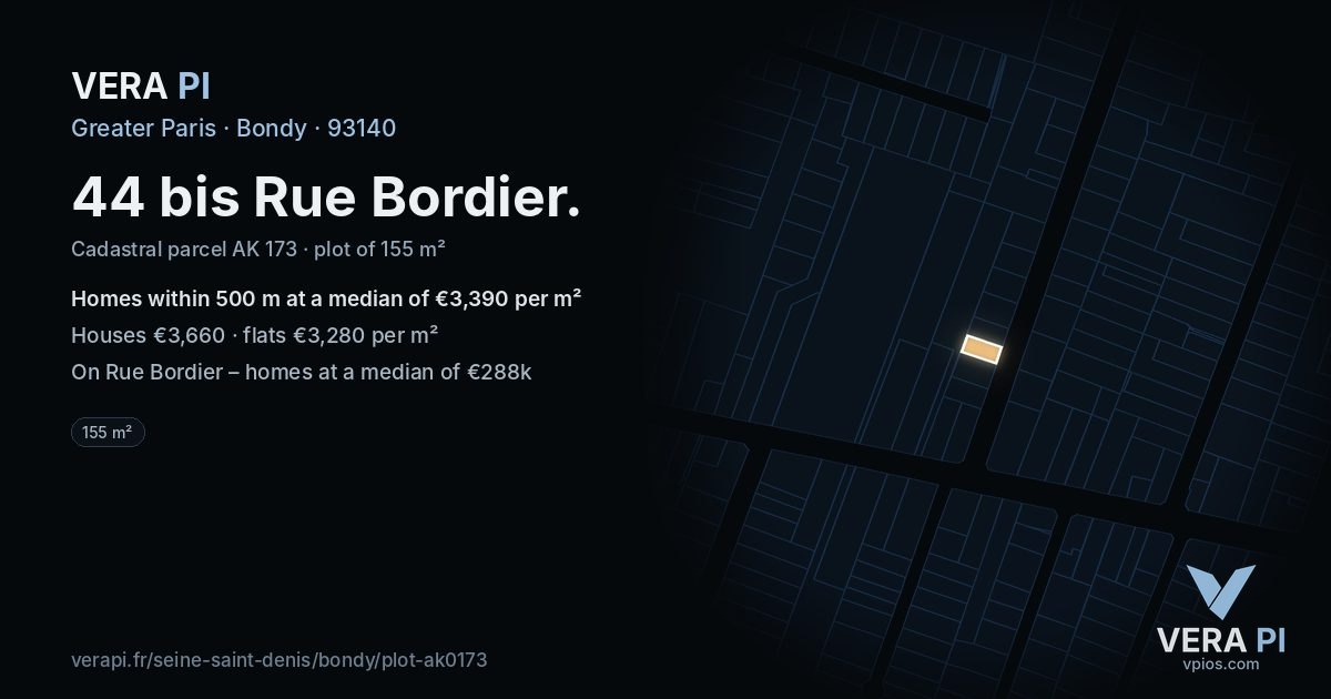 44 bis Rue Bordier, Bondy at night – the plot lit, the parcels around coloured by the prices near them