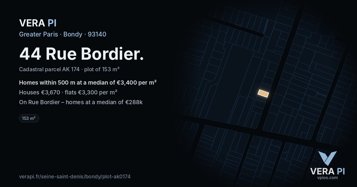 44 Rue Bordier, Bondy at night – the plot lit, the parcels around coloured by the prices near them