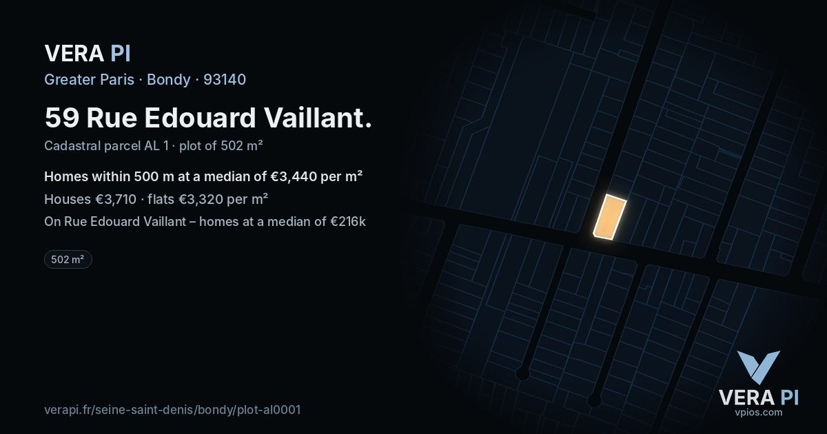 59 Rue Edouard Vaillant, Bondy at night – the plot lit, the parcels around coloured by the prices near them