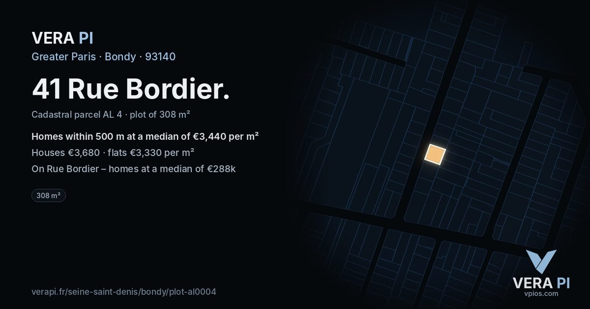 41 Rue Bordier, Bondy at night – the plot lit, the parcels around coloured by the prices near them