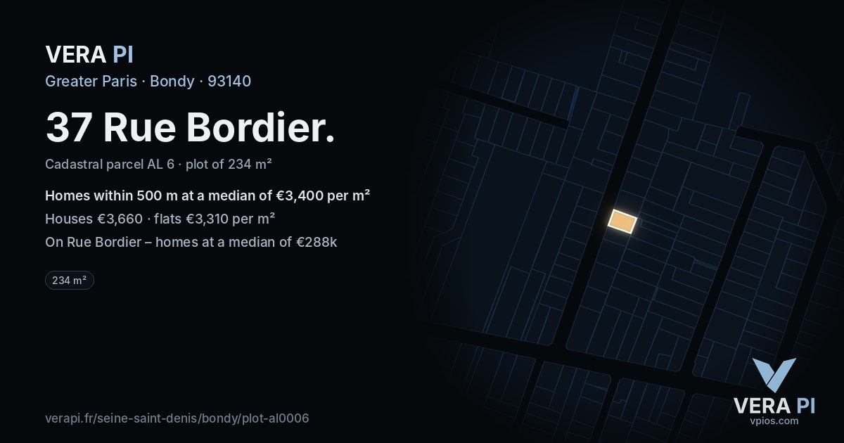 37 Rue Bordier, Bondy at night – the plot lit, the parcels around coloured by the prices near them