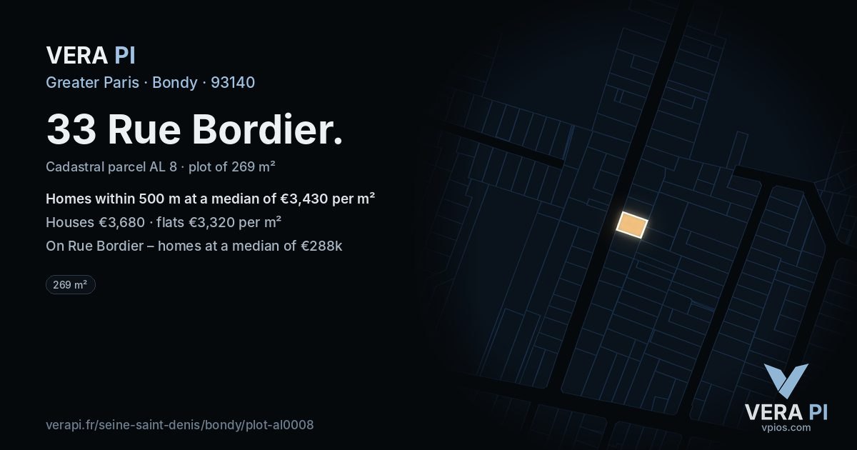 33 Rue Bordier, Bondy at night – the plot lit, the parcels around coloured by the prices near them