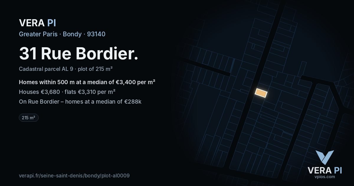 31 Rue Bordier, Bondy at night – the plot lit, the parcels around coloured by the prices near them