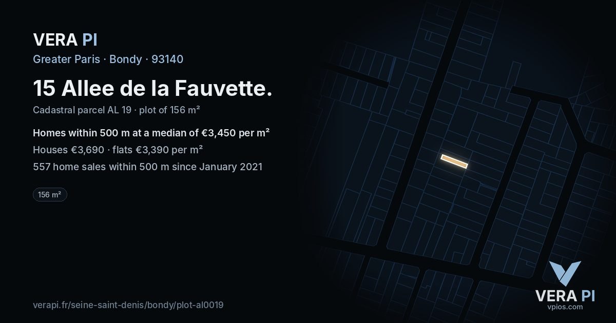 15 Allee de la Fauvette, Bondy at night – the plot lit, the parcels around coloured by the prices near them