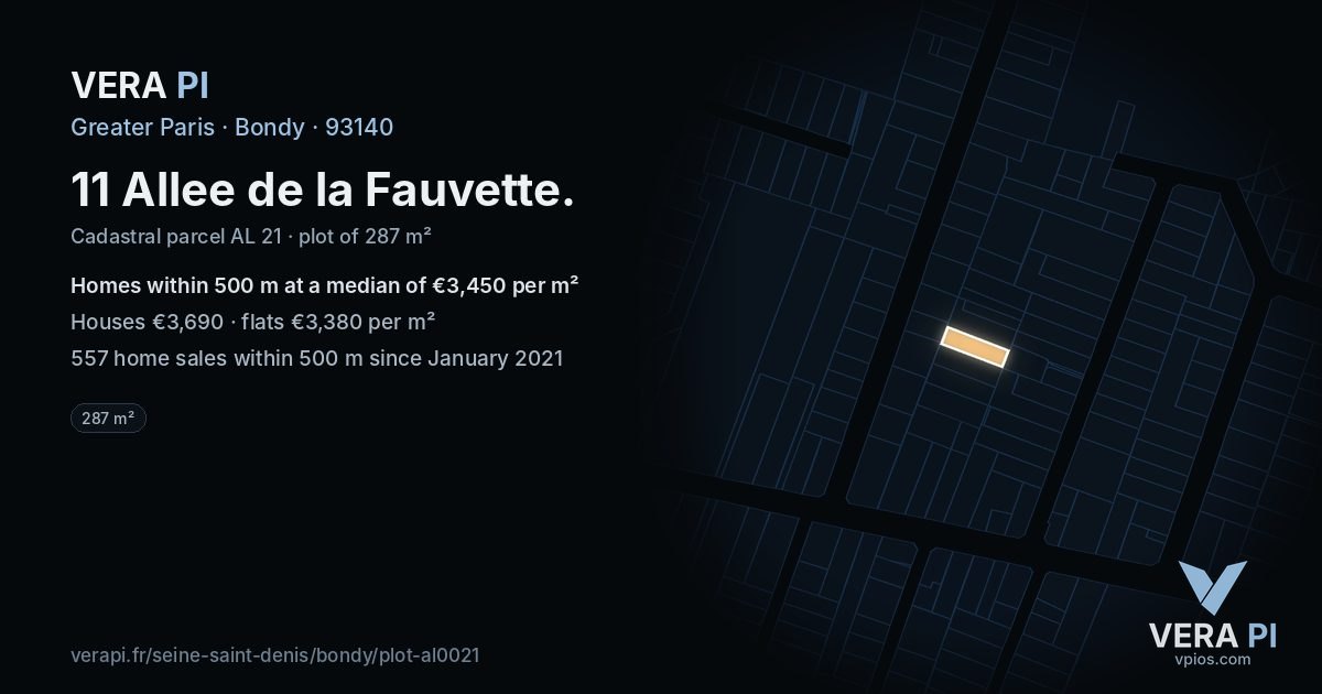 11 Allee de la Fauvette, Bondy at night – the plot lit, the parcels around coloured by the prices near them