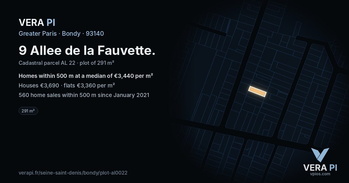 9 Allee de la Fauvette, Bondy at night – the plot lit, the parcels around coloured by the prices near them