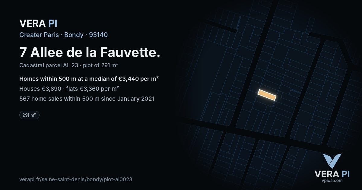 7 Allee de la Fauvette, Bondy at night – the plot lit, the parcels around coloured by the prices near them