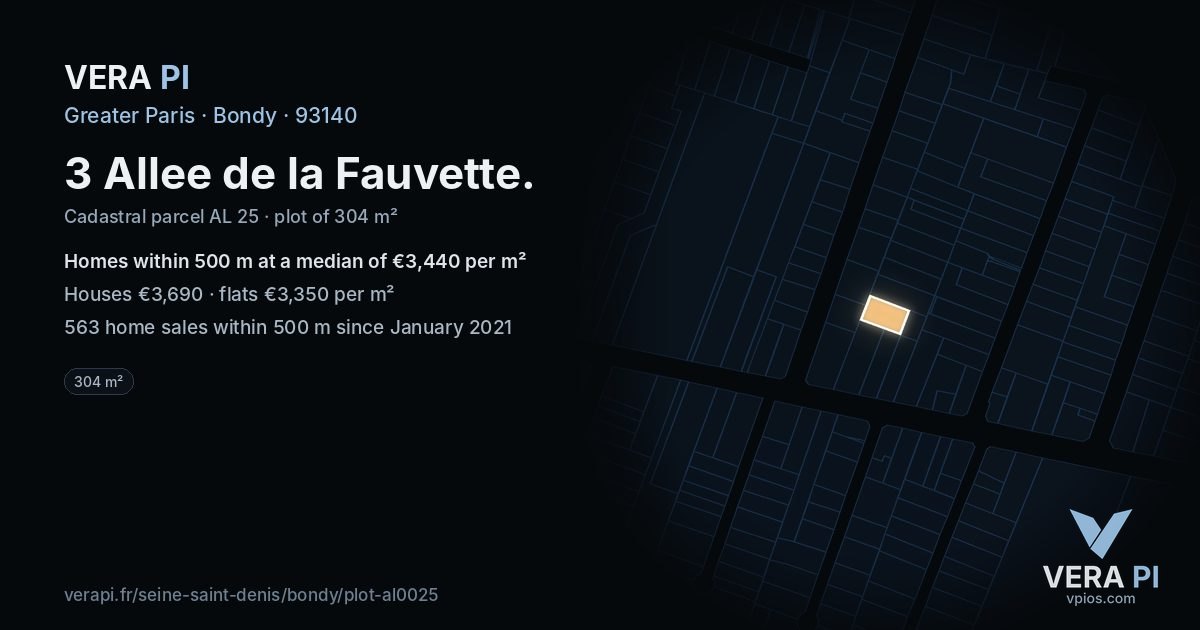 3 Allee de la Fauvette, Bondy at night – the plot lit, the parcels around coloured by the prices near them