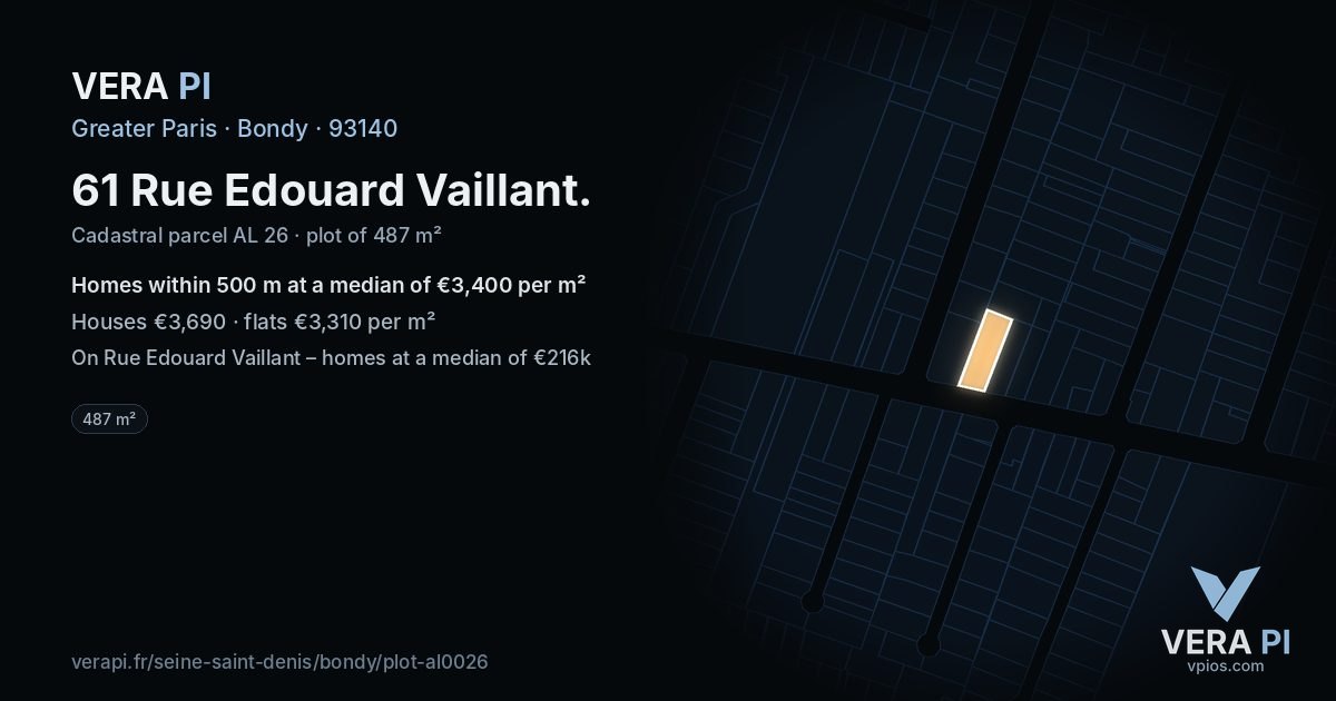 61 Rue Edouard Vaillant, Bondy at night – the plot lit, the parcels around coloured by the prices near them