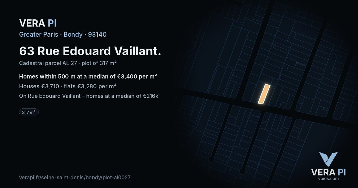 63 Rue Edouard Vaillant, Bondy at night – the plot lit, the parcels around coloured by the prices near them